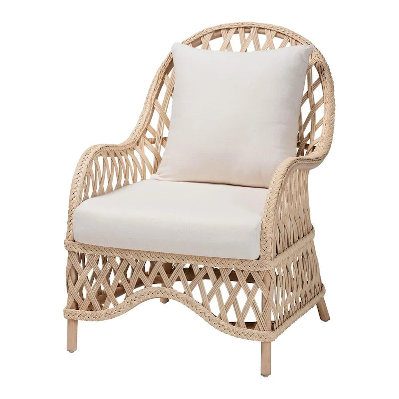 Poltrona singola in rattan intrecciato bohémien color avorio