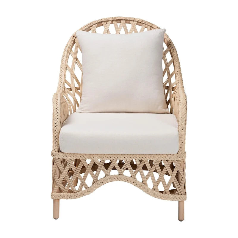 Poltrona singola in rattan intrecciato bohémien color avorio