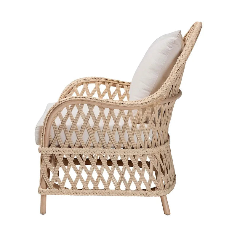 Poltrona singola in rattan intrecciato bohémien color avorio