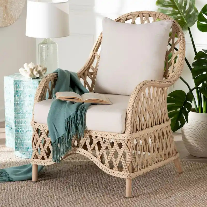 Poltrona singola in rattan intrecciato bohémien color avorio
