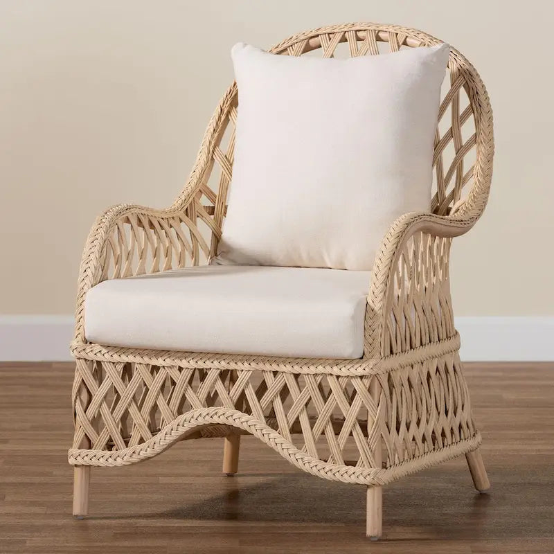 Poltrona singola in rattan intrecciato bohémien color avorio