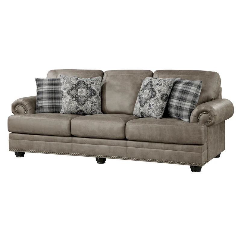 Divano tre posti in microfibra, marrone tortora ed espresso, con borchie, larghezza 249 cm