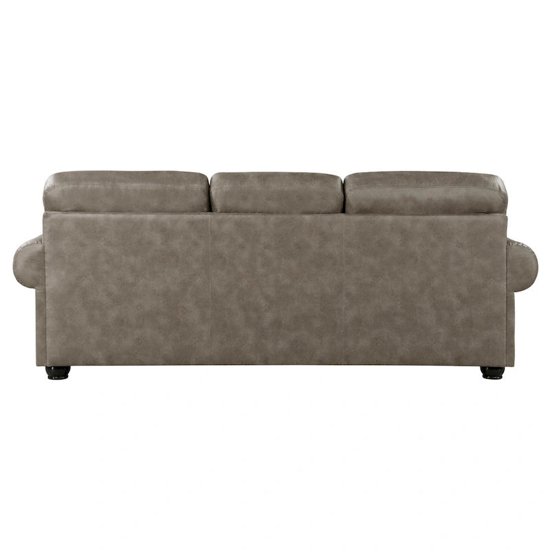 Divano tre posti in microfibra, marrone tortora ed espresso, con borchie, larghezza 249 cm
