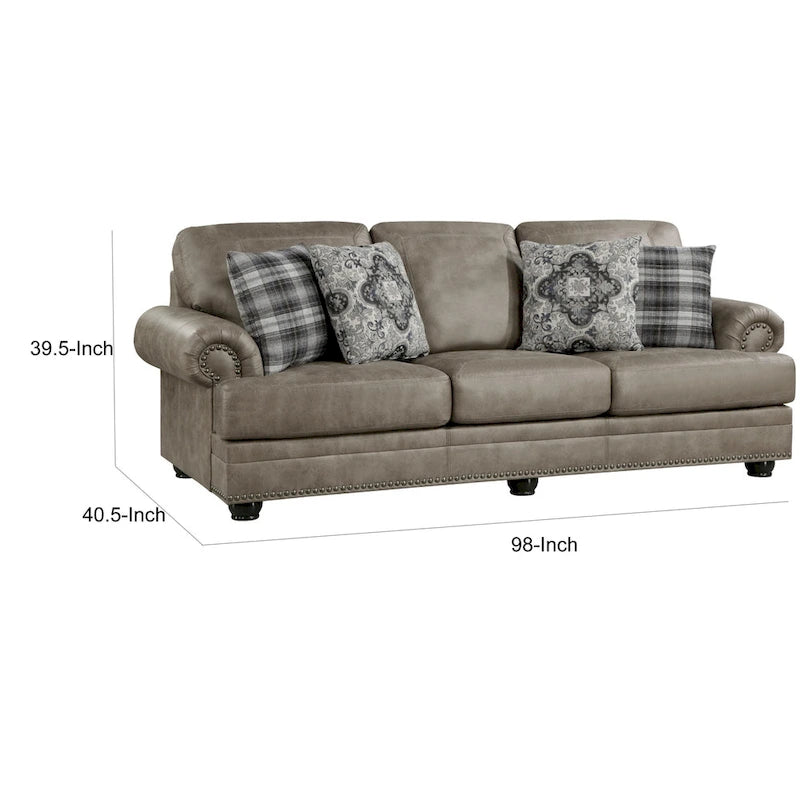 Divano tre posti in microfibra, marrone tortora ed espresso, con borchie, larghezza 249 cm