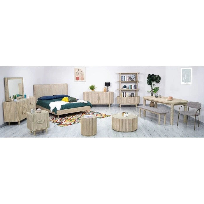 Tavolino rotondo beige con anta contenitore – Piano impiallacciato in acacia, per 1-4 persone