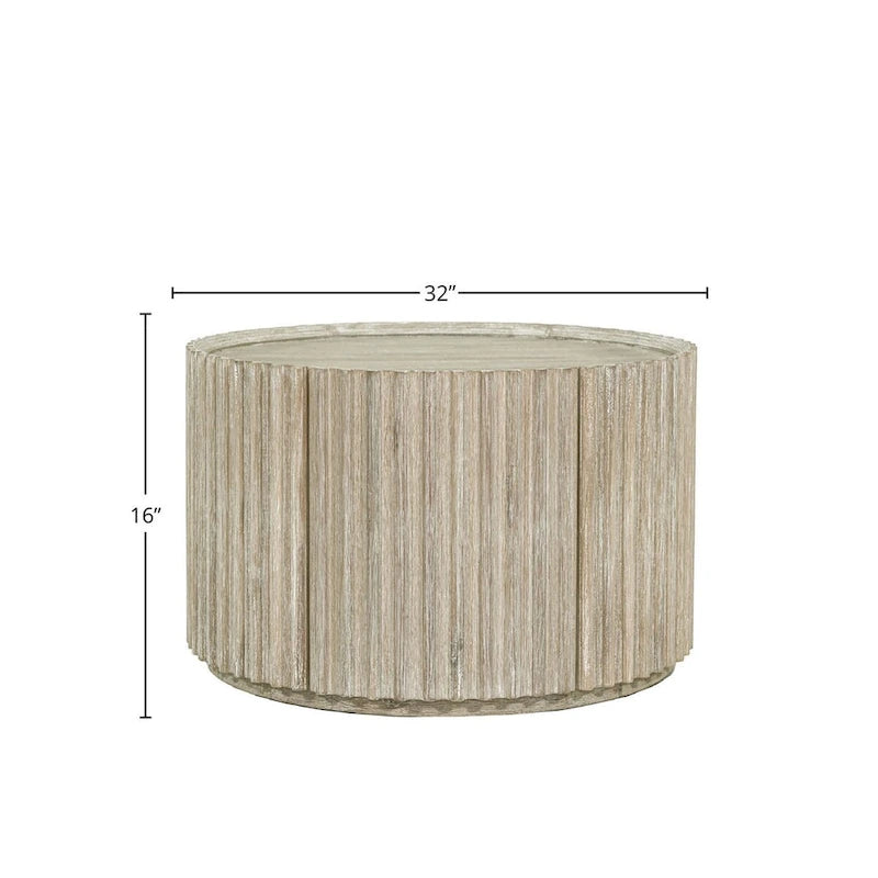 Tavolino rotondo beige con anta contenitore – Piano impiallacciato in acacia, per 1-4 persone