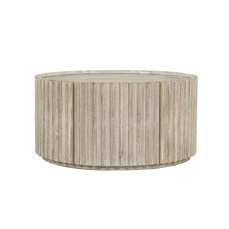 Tavolino rotondo beige con anta contenitore – Piano impiallacciato in acacia, per 1-4 persone
