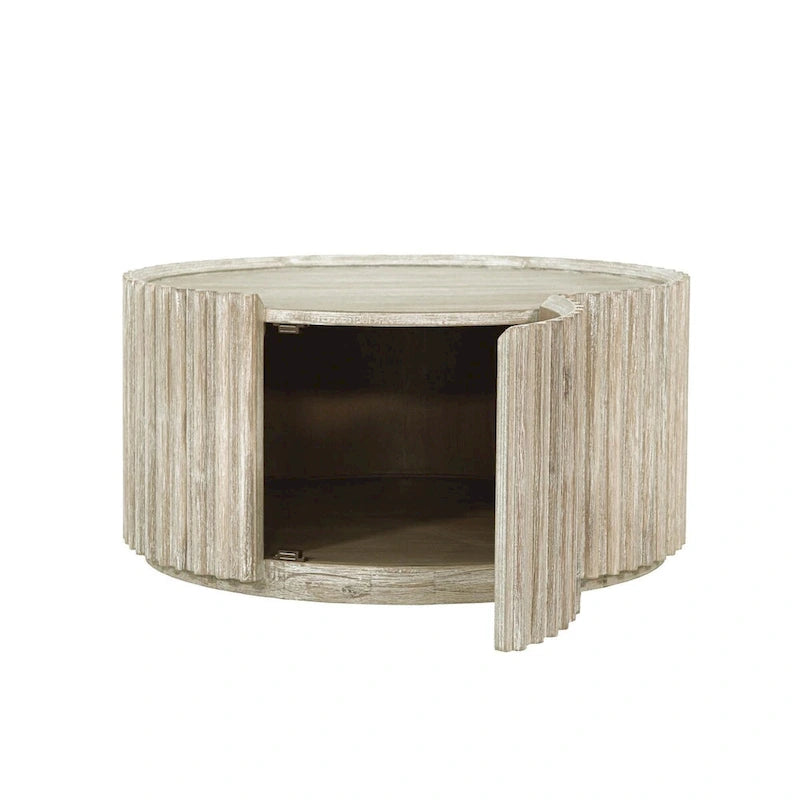 Tavolino rotondo beige con anta contenitore – Piano impiallacciato in acacia, per 1-4 persone