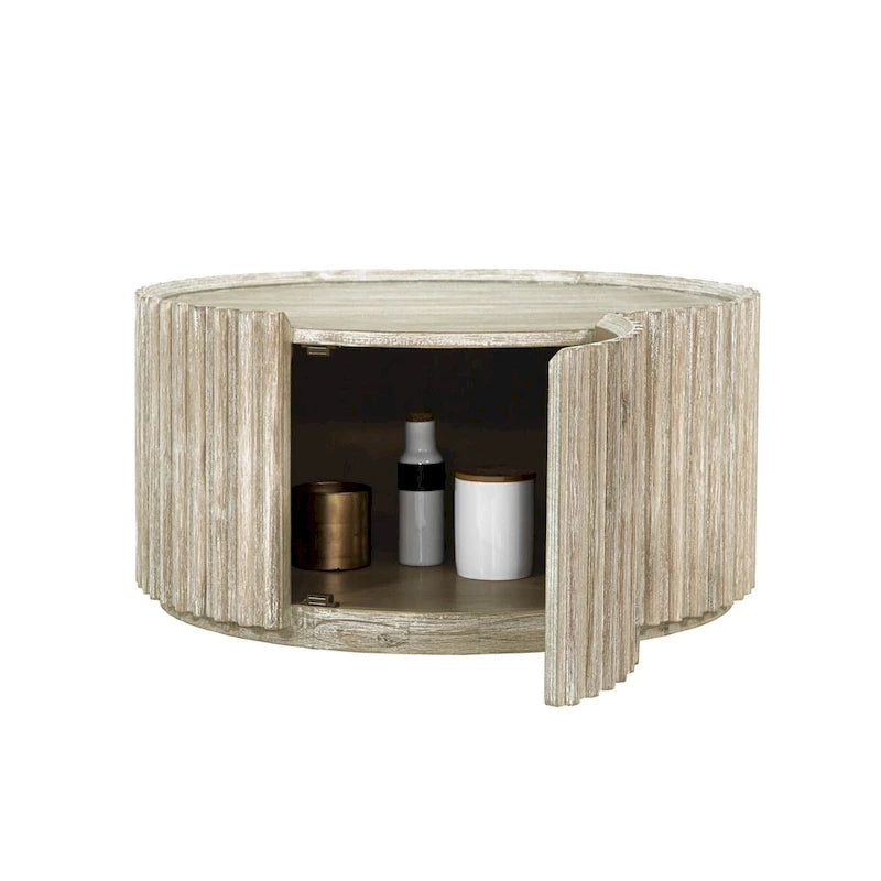 Tavolino rotondo beige con anta contenitore – Piano impiallacciato in acacia, per 1-4 persone