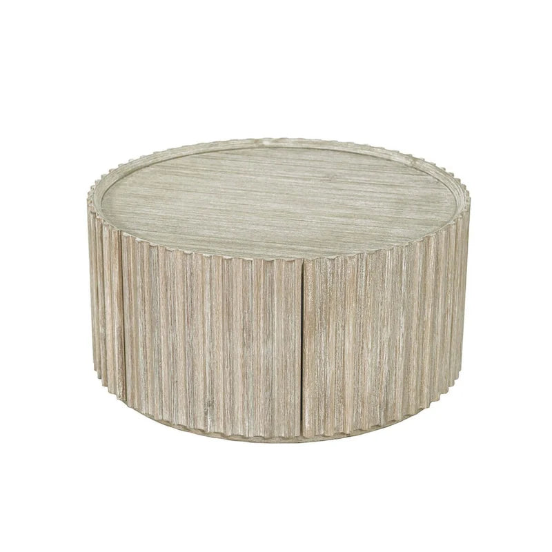 Tavolino rotondo beige con anta contenitore – Piano impiallacciato in acacia, per 1-4 persone