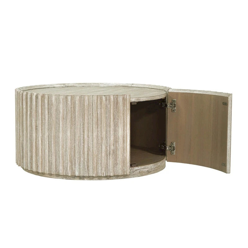 Tavolino rotondo beige con anta contenitore – Piano impiallacciato in acacia, per 1-4 persone