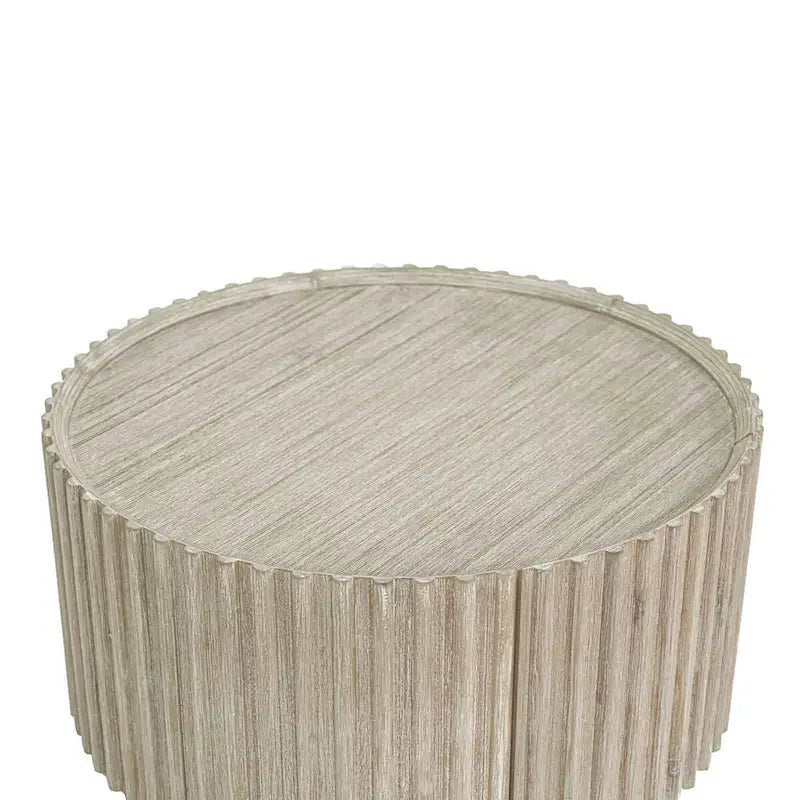 Tavolino rotondo beige con anta contenitore – Piano impiallacciato in acacia, per 1-4 persone