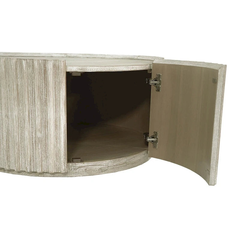 Tavolino rotondo beige con anta contenitore – Piano impiallacciato in acacia, per 1-4 persone
