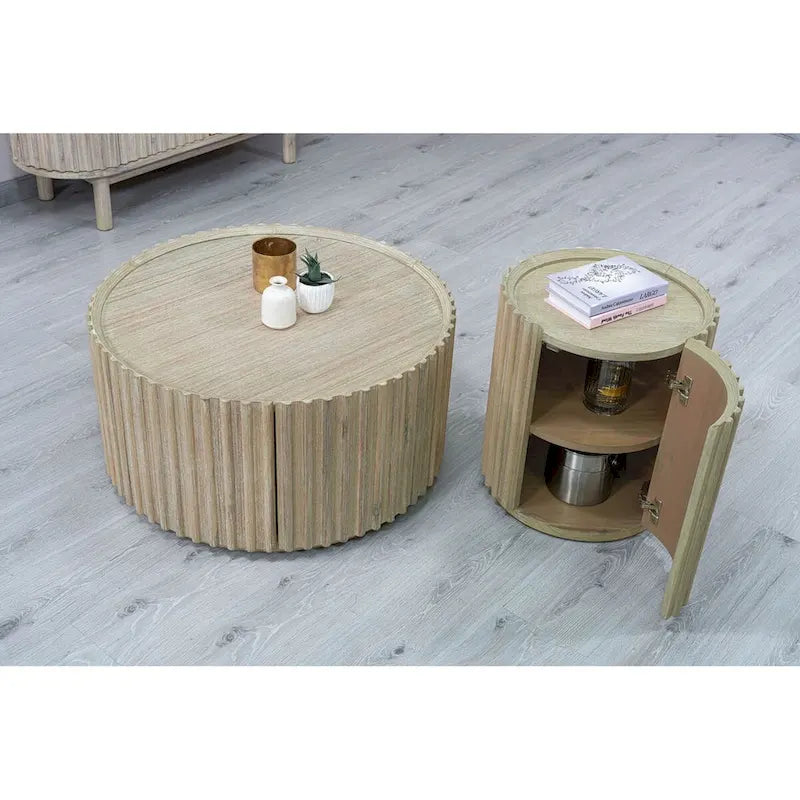 Tavolino rotondo beige con anta contenitore – Piano impiallacciato in acacia, per 1-4 persone