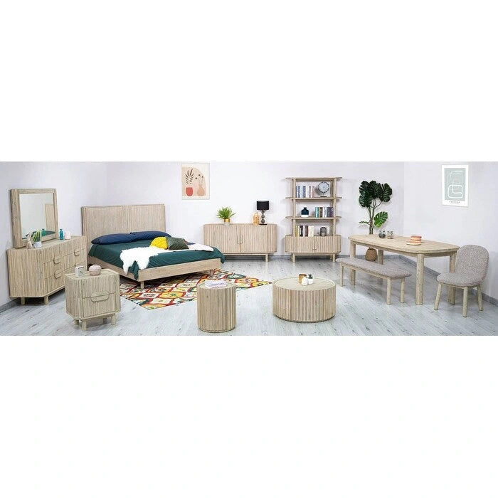 Tavolino rotondo beige con anta contenitore – Piano impiallacciato in acacia, per 1-4 persone