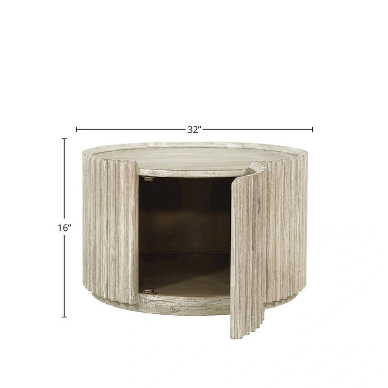 Tavolino rotondo beige con anta contenitore – Piano impiallacciato in acacia, per 1-4 persone
