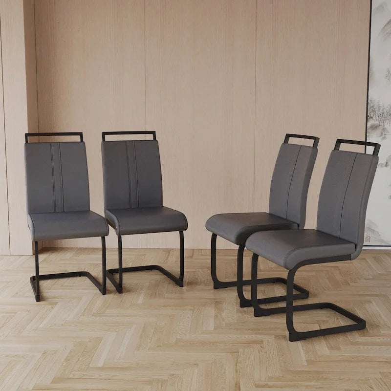 Sedia da pranzo con schienale alto in similpelle grigia/nera, base in metallo a C, set da 4
