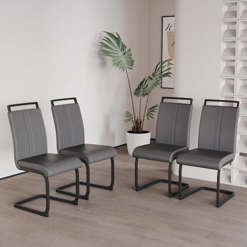Sedia da pranzo con schienale alto in similpelle grigia/nera, base in metallo a C, set da 4