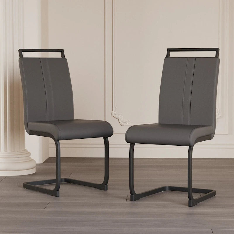 Sedia da pranzo con schienale alto in similpelle grigia/nera, base in metallo a C, set da 4