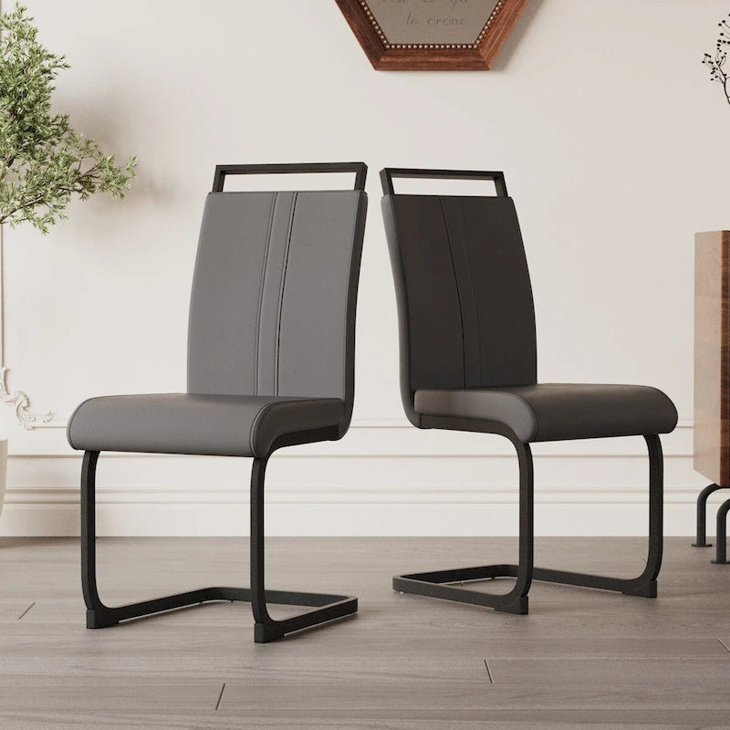 Sedia da pranzo con schienale alto in similpelle grigia/nera, base in metallo a C, set da 4