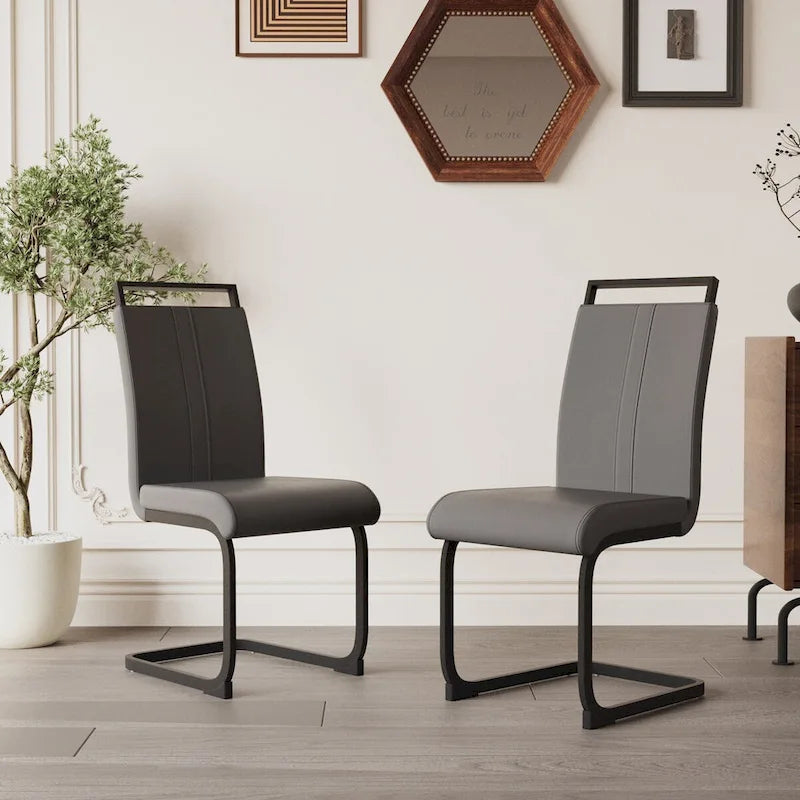 Sedia da pranzo con schienale alto in similpelle grigia/nera, base in metallo a C, set da 4