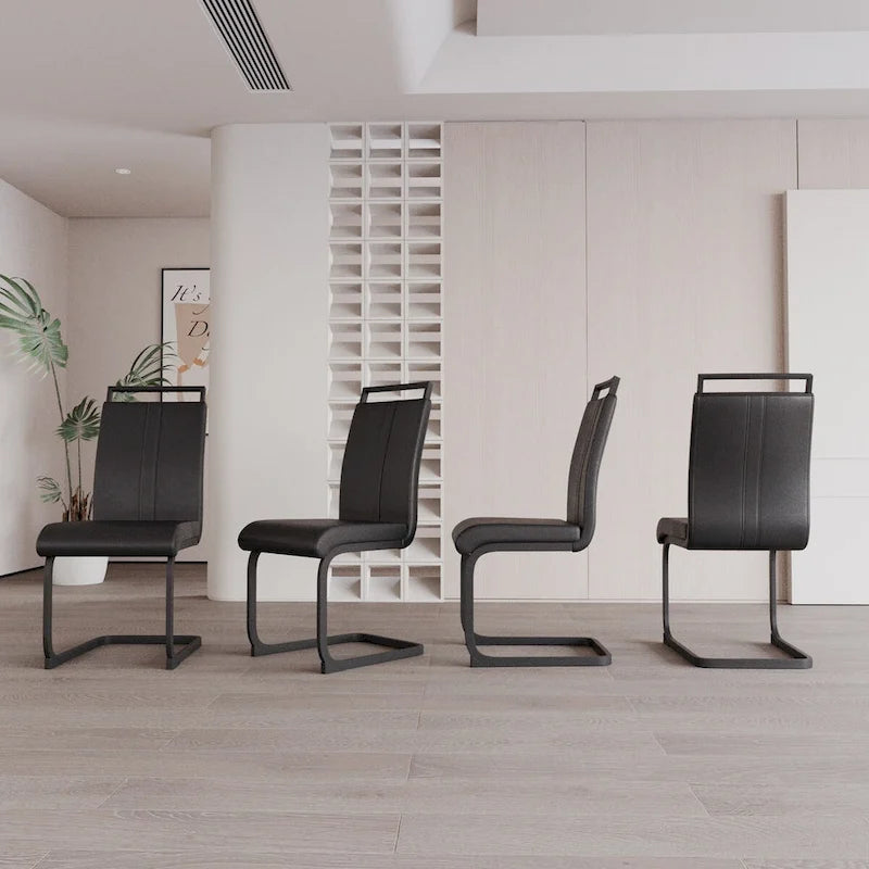 Sedia da pranzo con schienale alto in similpelle grigia/nera, base in metallo a C, set da 4