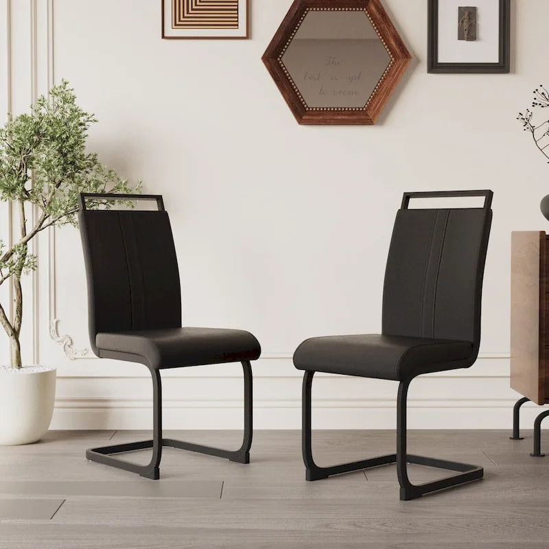 Sedia da pranzo con schienale alto in similpelle grigia/nera, base in metallo a C, set da 4