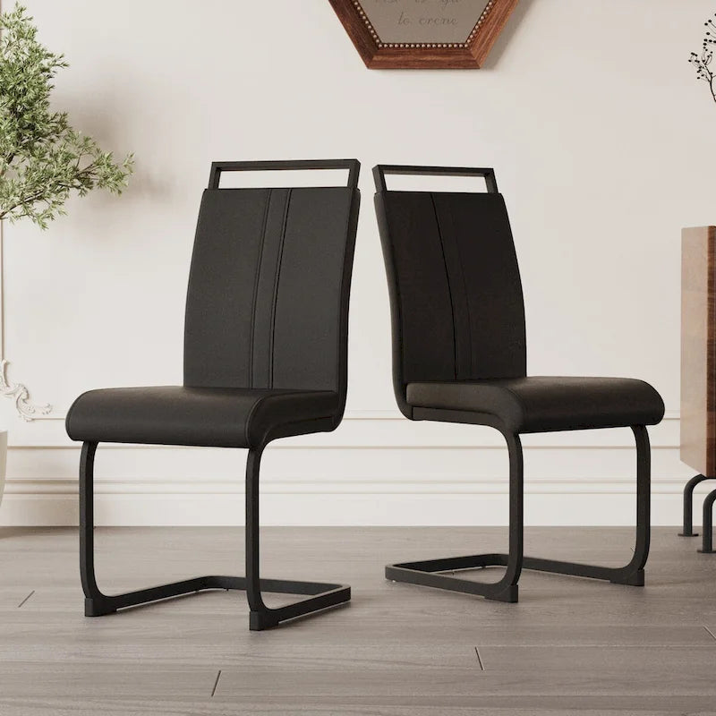 Sedia da pranzo con schienale alto in similpelle grigia/nera, base in metallo a C, set da 4