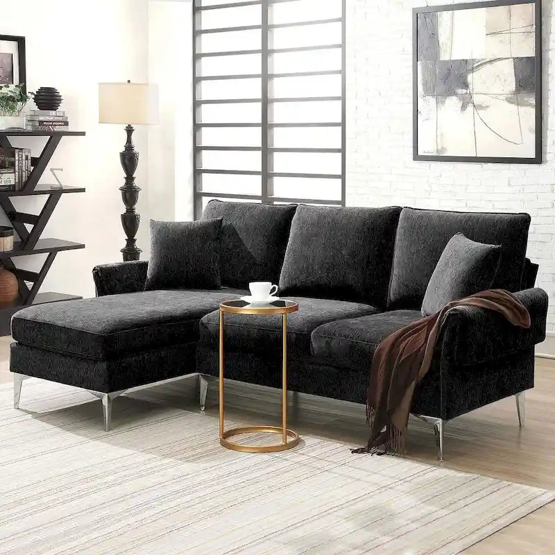 Divano componibile in ciniglia a L nero/verde/rosa con chaise longue reversibile, 4 posti a sedere