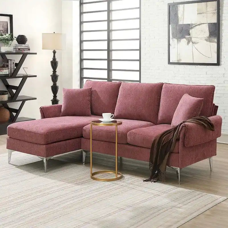 Divano componibile in ciniglia a L nero/verde/rosa con chaise longue reversibile, 4 posti a sedere