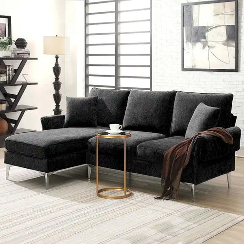 Divano componibile in ciniglia a L nero/verde/rosa con chaise longue reversibile, 4 posti a sedere