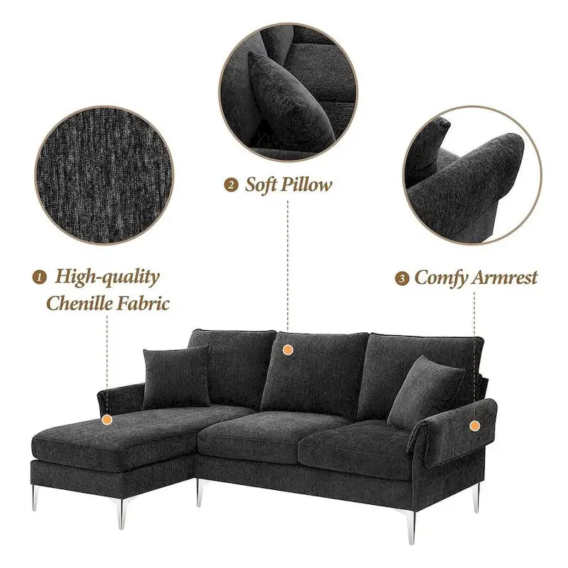 Divano componibile in ciniglia a L nero/verde/rosa con chaise longue reversibile, 4 posti a sedere