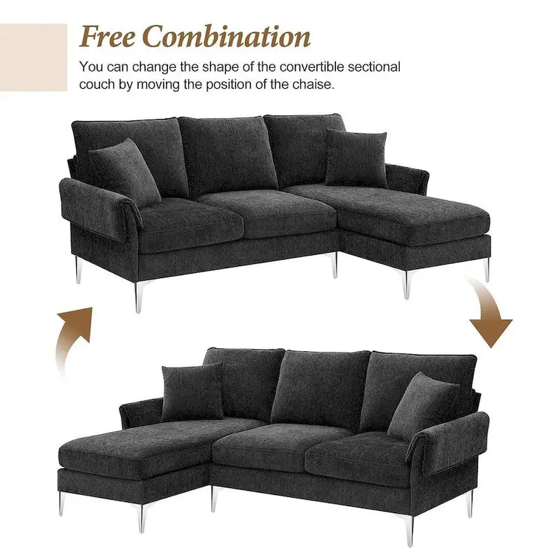 Divano componibile in ciniglia a L nero/verde/rosa con chaise longue reversibile, 4 posti a sedere