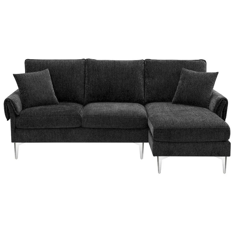 Divano componibile in ciniglia a L nero/verde/rosa con chaise longue reversibile, 4 posti a sedere