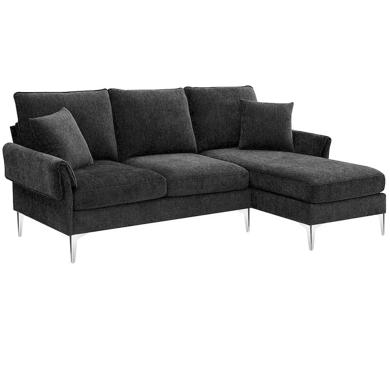 Divano componibile in ciniglia a L nero/verde/rosa con chaise longue reversibile, 4 posti a sedere