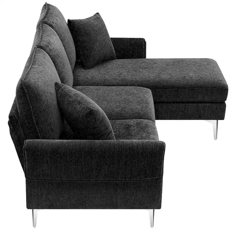Divano componibile in ciniglia a L nero/verde/rosa con chaise longue reversibile, 4 posti a sedere