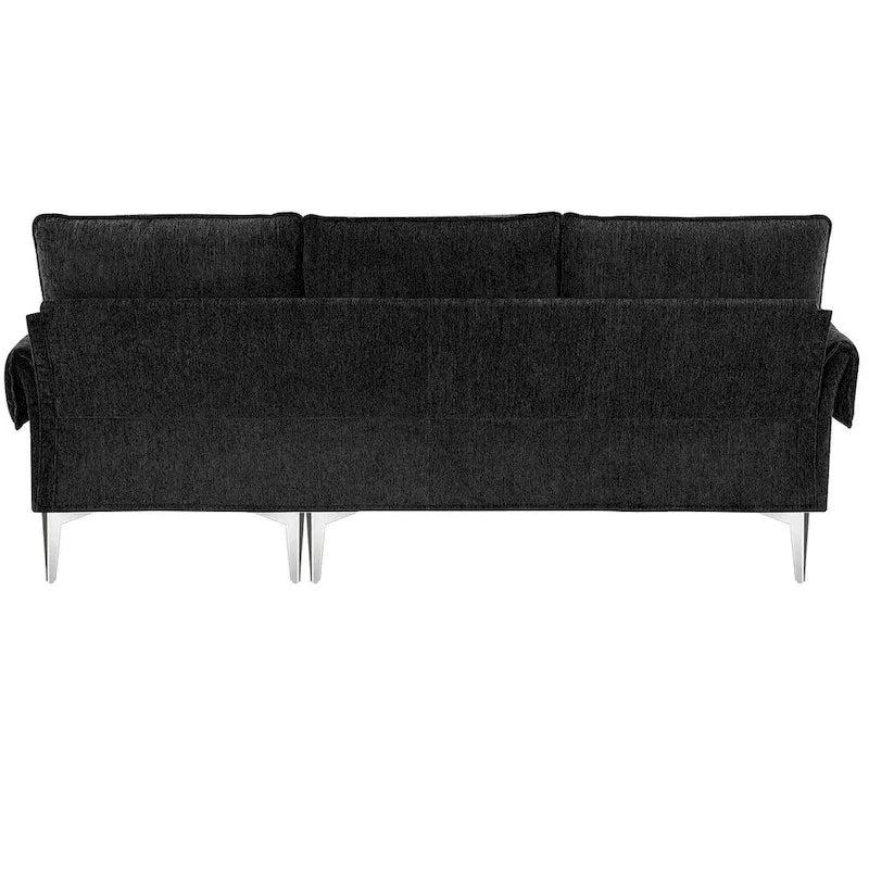 Divano componibile in ciniglia a L nero/verde/rosa con chaise longue reversibile, 4 posti a sedere
