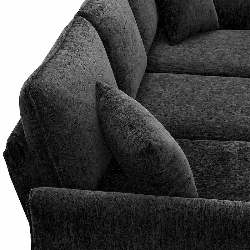 Divano componibile in ciniglia a L nero/verde/rosa con chaise longue reversibile, 4 posti a sedere