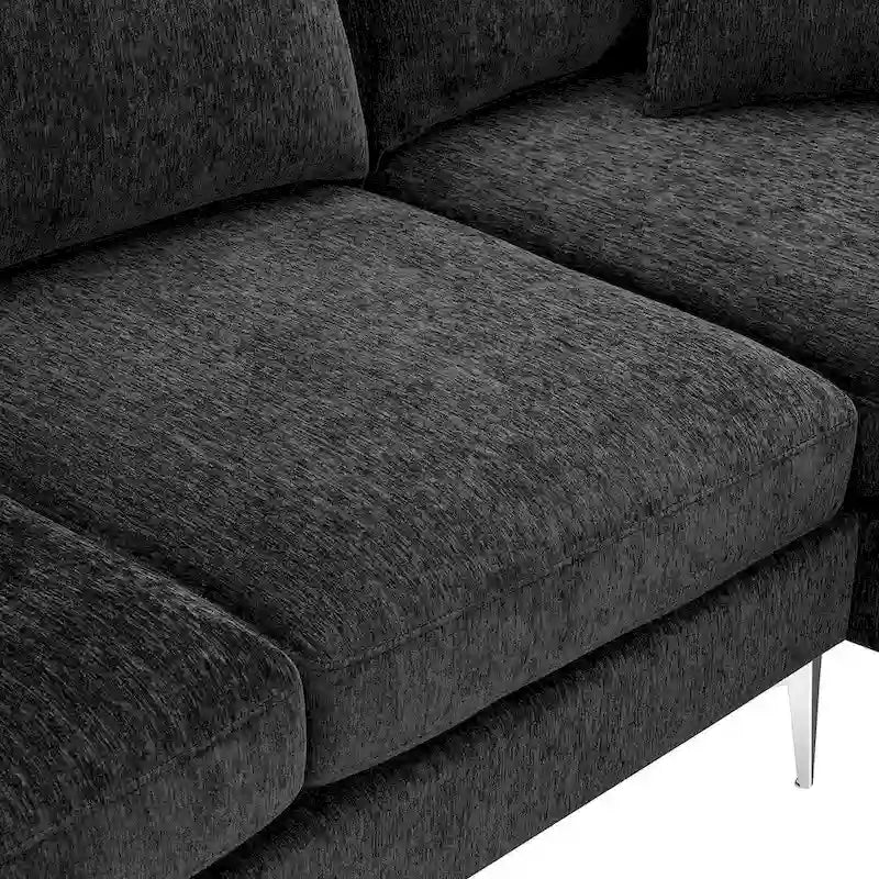 Divano componibile in ciniglia a L nero/verde/rosa con chaise longue reversibile, 4 posti a sedere