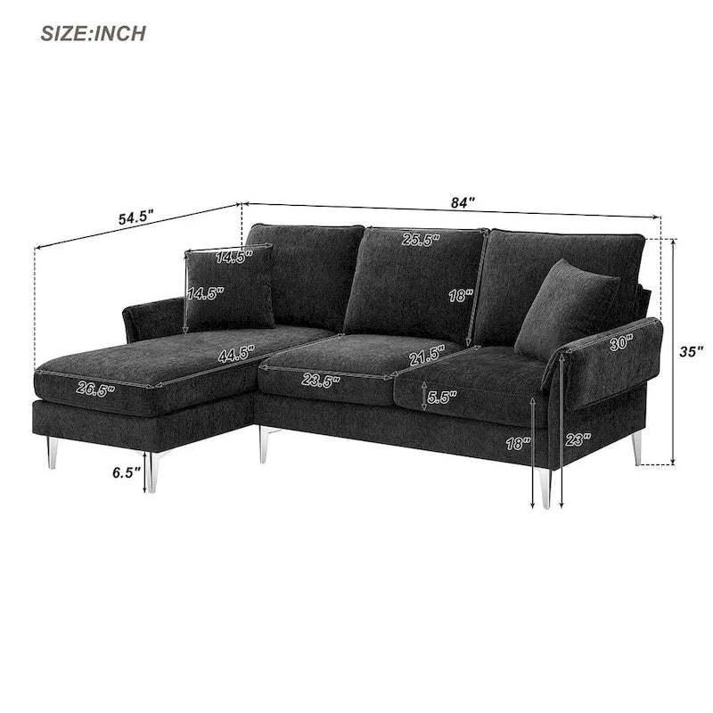 Divano componibile in ciniglia a L nero/verde/rosa con chaise longue reversibile, 4 posti a sedere