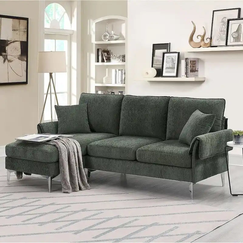 Divano componibile in ciniglia a L nero/verde/rosa con chaise longue reversibile, 4 posti a sedere
