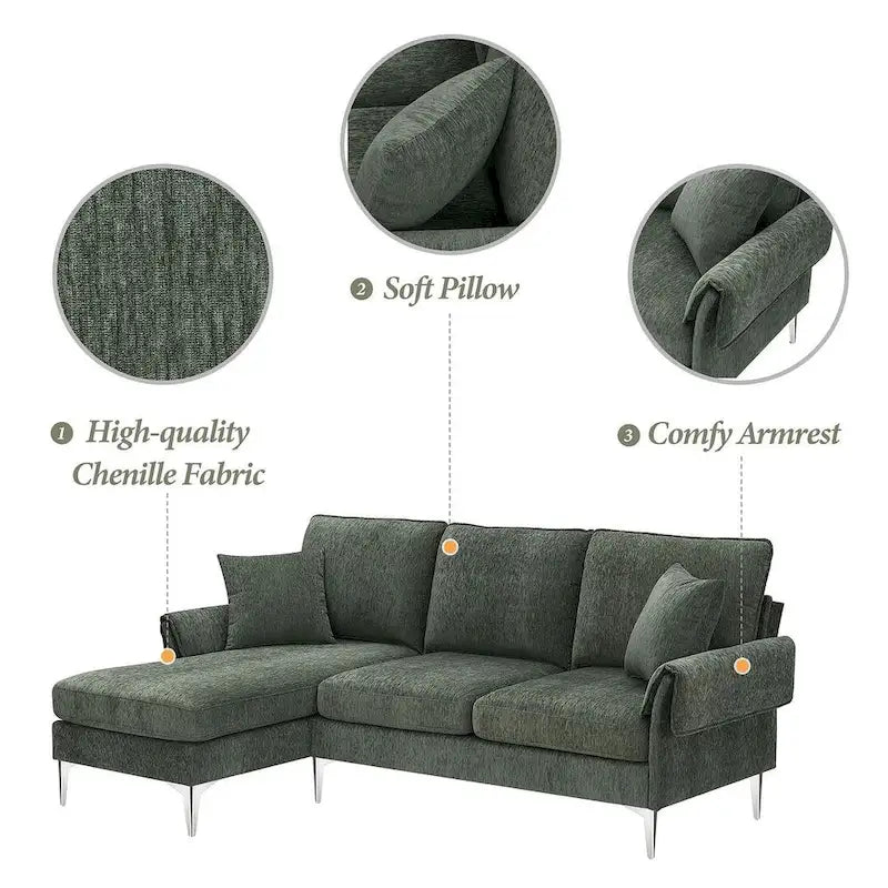 Divano componibile in ciniglia a L nero/verde/rosa con chaise longue reversibile, 4 posti a sedere