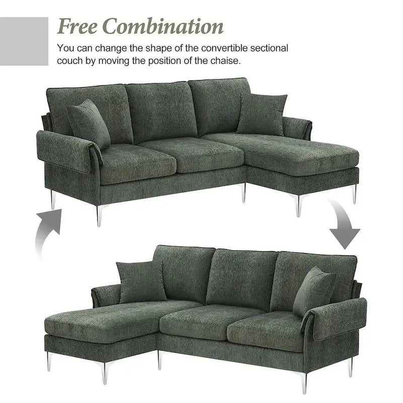 Divano componibile in ciniglia a L nero/verde/rosa con chaise longue reversibile, 4 posti a sedere