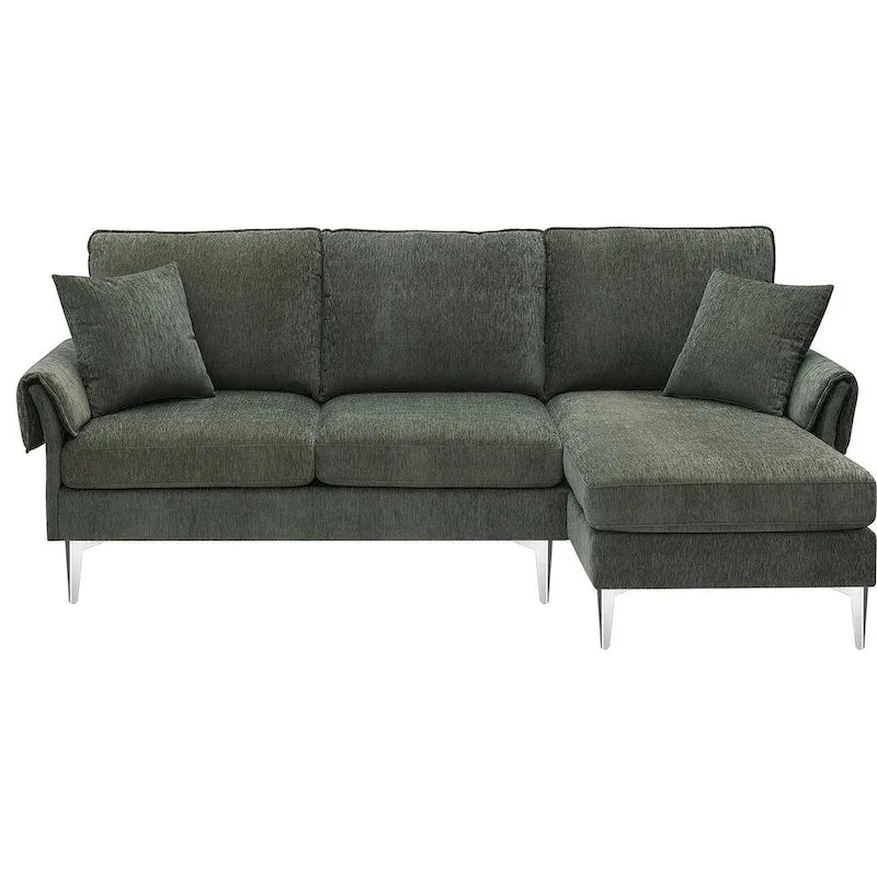 Divano componibile in ciniglia a L nero/verde/rosa con chaise longue reversibile, 4 posti a sedere