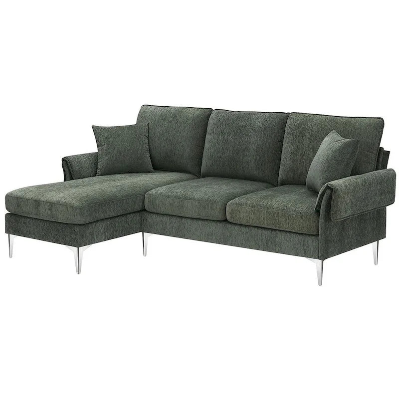 Divano componibile in ciniglia a L nero/verde/rosa con chaise longue reversibile, 4 posti a sedere