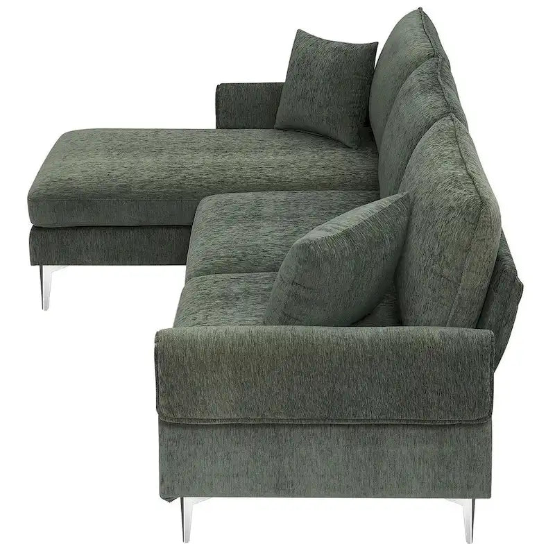 Divano componibile in ciniglia a L nero/verde/rosa con chaise longue reversibile, 4 posti a sedere