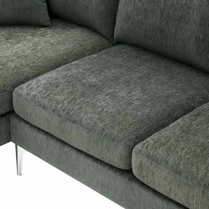 Divano componibile in ciniglia a L nero/verde/rosa con chaise longue reversibile, 4 posti a sedere