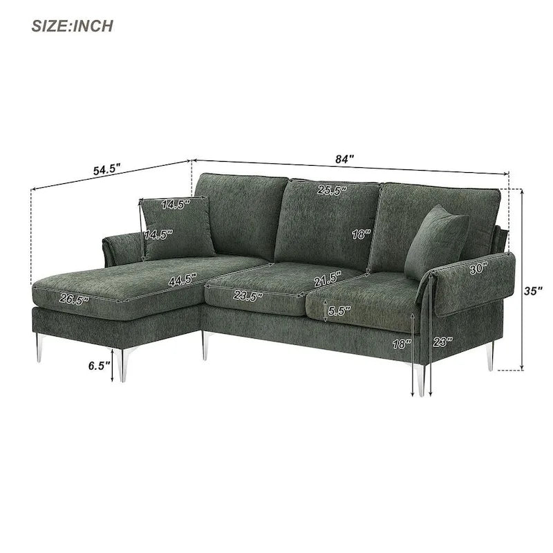 Divano componibile in ciniglia a L nero/verde/rosa con chaise longue reversibile, 4 posti a sedere