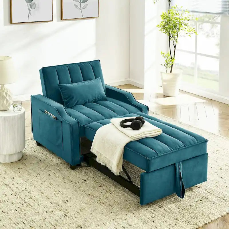 Poltrona estraibile in velluto blu/beige – Convertibile 3 in 1, Singola