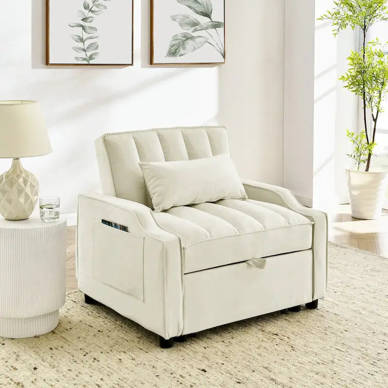 Poltrona estraibile in velluto blu/beige – Convertibile 3 in 1, Singola